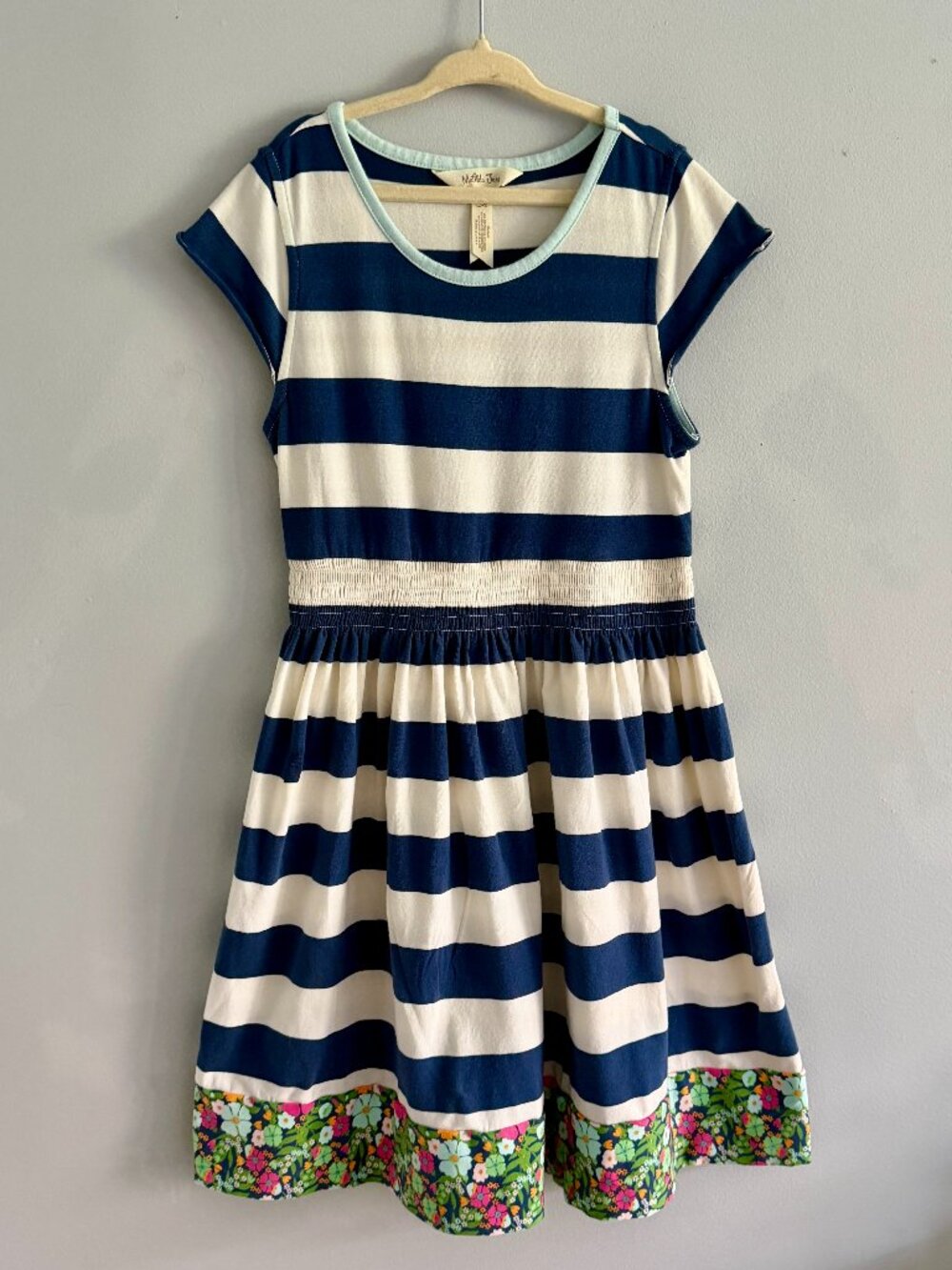 Matilda Jane Cotton Blue White Striped Floral Hem Dress Size 10